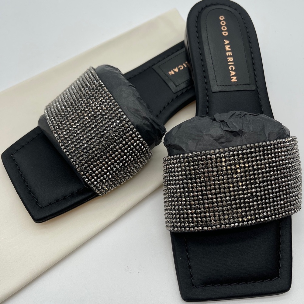 Good America Crystal Crush Black Flat Slides Size 5 NIB